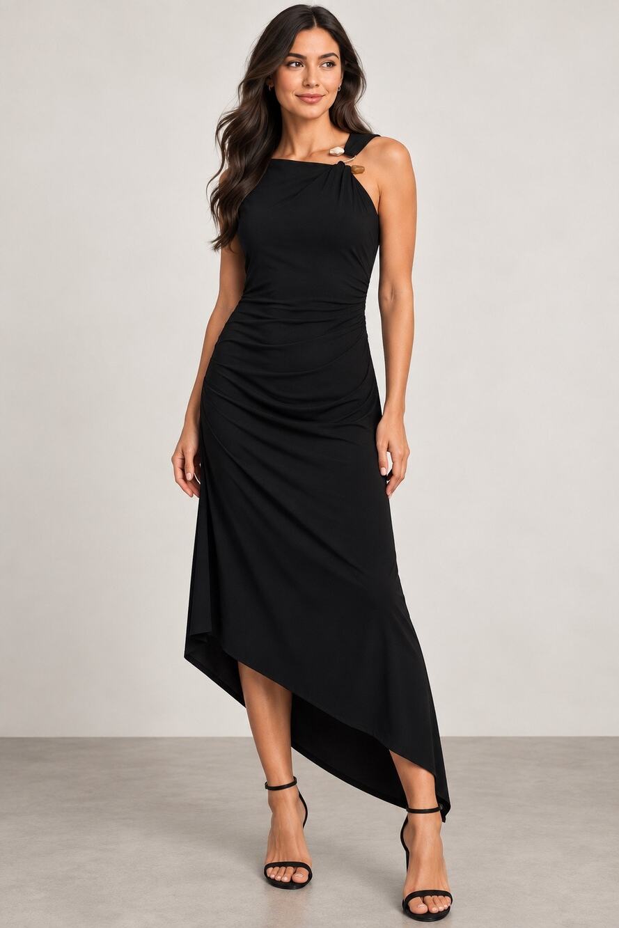 Taylor Black Asymmetrical Draped Maxi Dress XS NWT